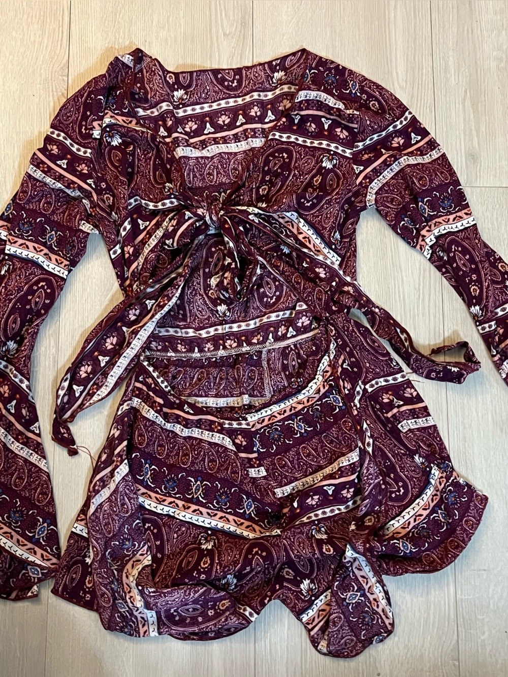 Boho Paisley Tie-Front Women's Romper - Burgundy